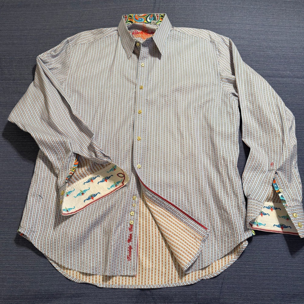 Robert Graham Mens XL Striped Button Down Shirt Contrast Cuffs Blue Orange